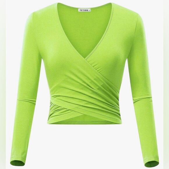 2/$20 Deep V Neck Long Sleeve Unique Slim Fit Cross Wrap Neon Bright Crop Top - Picture 1 of 7